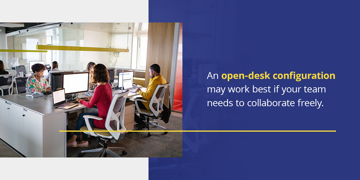 An open-desk configuration may work best if your team needs to collaborate freely.